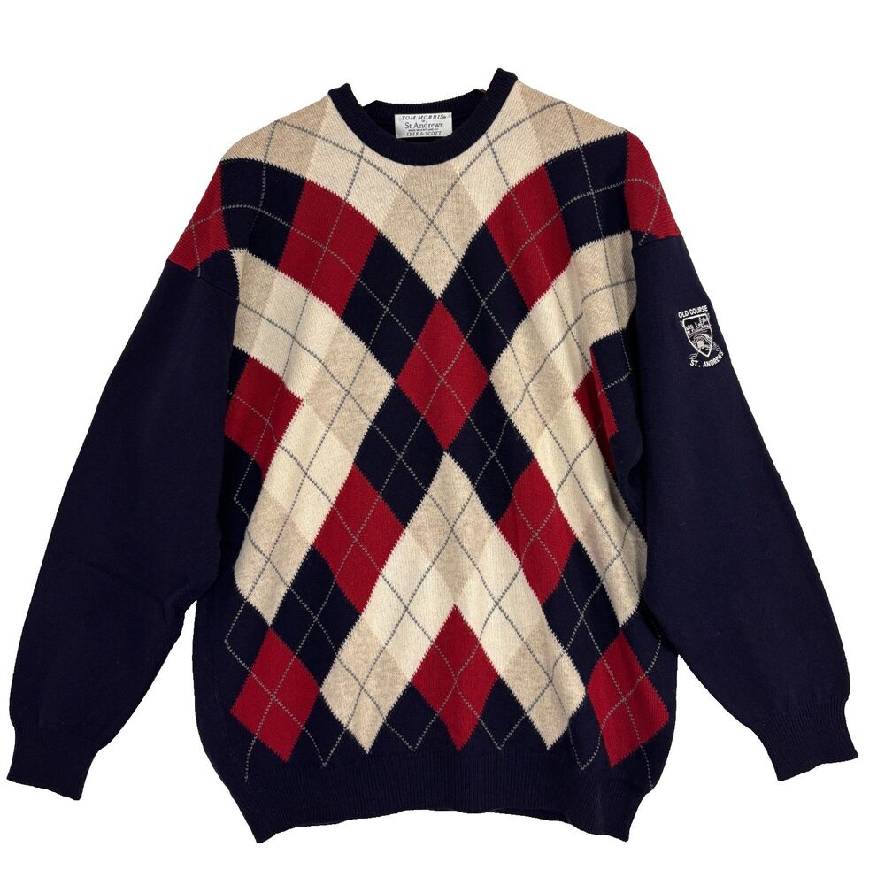 Tom Morris St Andrews Mens Argyle Sweater Sz L Scotland Wool Navy Golf Preppy